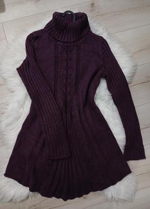 Фиолетовое вязаное мини платье зимнее, вязаная туника1 фото