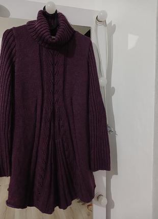 Фиолетовое вязаное мини платье зимнее, вязаная туника3 фото