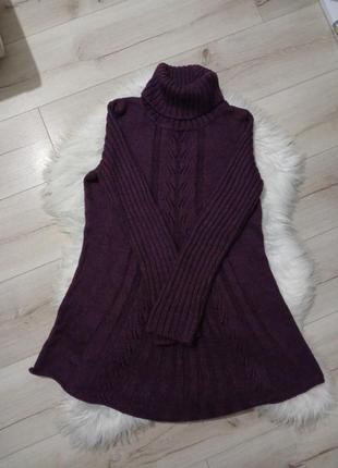 Фиолетовое вязаное мини платье зимнее, вязаная туника5 фото