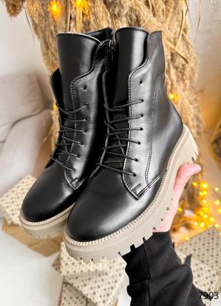 Черные натуральные кожаные зимние ботинки на шнурках шнуровке толстой бежевой подошве кожа зима3 фото
