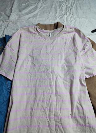 Only плаття футболка довге мідаксі бежеве рожеве смугасте трикотажне з розрізом2 фото