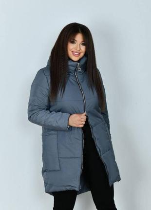 Куртка пальто жіноча тепла зимова на зиму базова з капюшоном стьобана утеплена чорна сіра графіт зелена рожева пуховик батал довга великих розмірів2 фото