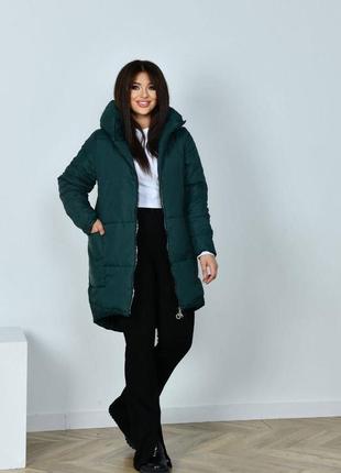 Куртка пальто жіноча тепла зимова на зиму базова з капюшоном стьобана утеплена чорна сіра графіт зелена рожева пуховик батал довга великих розмірів7 фото