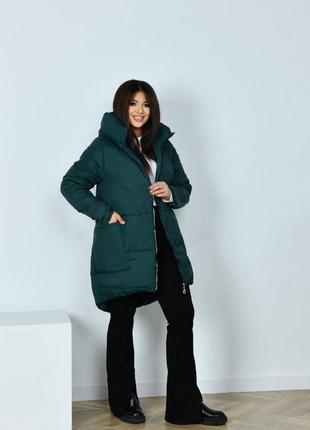 Куртка пальто жіноча тепла зимова на зиму базова з капюшоном стьобана утеплена чорна сіра графіт зелена рожева пуховик батал довга великих розмірів3 фото