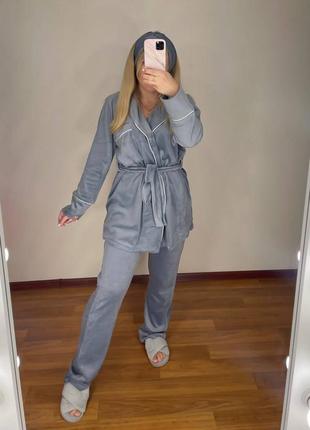 Стильная мягкая пижама,велюровая,брюки,рубашка с поясом 42-44,46-48 черный,серый,пудра2 фото