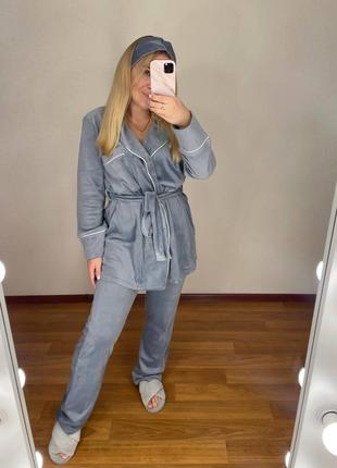 Стильная мягкая пижама,велюровая,брюки,рубашка с поясом 42-44,46-48 черный,серый,пудра3 фото
