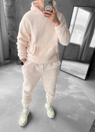 Чоловічий зимовий спортивний костюм плюшевий бежевий з капюшоном комплект флісовий худі + штани (b)