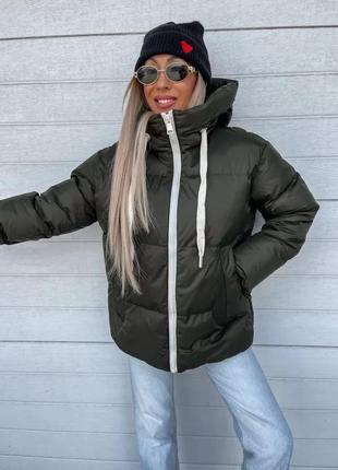 Куртка женская теплая зимняя на зиму короткая длинная базовая с капюшоном стеганая черная хаки пуховик батал2 фото