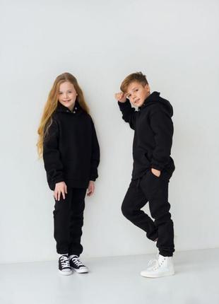 Детский флисовый спортивный костюм зимний черный комплект оверсайз худи + штаны на зиму (b)3 фото