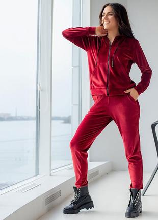 Червоний велюровий костюм кофта + штани | 659971 фото