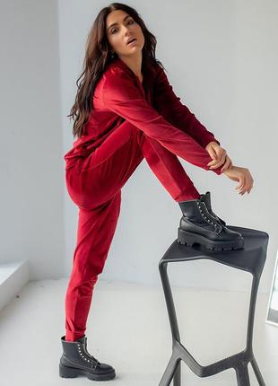 Червоний велюровий костюм кофта + штани | 659972 фото
