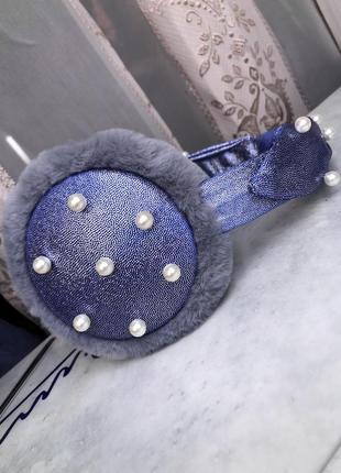 Навушники хутряні махрові м'які блискучі сині з намистинами перлинами бантом бантиком теплі зимові зимні жіночі2 фото