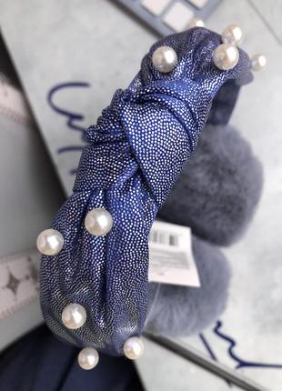 Навушники хутряні махрові м'які блискучі сині з намистинами перлинами бантом бантиком теплі зимові зимні жіночі4 фото