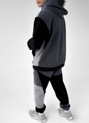 Мужской флисовый оверсайз костюм серый с черным комплект зимний плюшевый худи и штаны (b)2 фото
