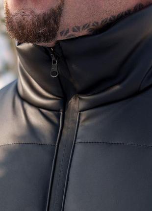 Чоловіча зимова шкіряна куртка чорна без капюшона до -30*с пуховик шкіряний (b)4 фото