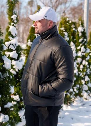 Мужская зимняя кожаная куртка черная без капюшона до -30*с пуховик кожаный (b)2 фото
