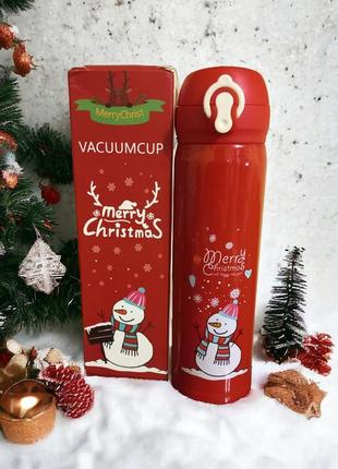 Рождественский термос с поильником снеговик на 500 мл красный