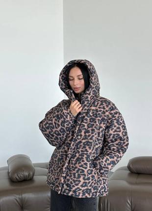 Женский теплый пуховик с капюшоном леопард3 фото