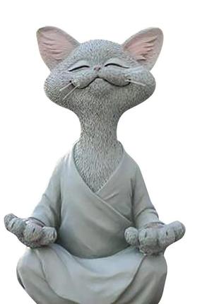 Причудливая фигурка кота будды 12х8 см, медитация, йога, коллекционная, счастливый кот, серый1 фото