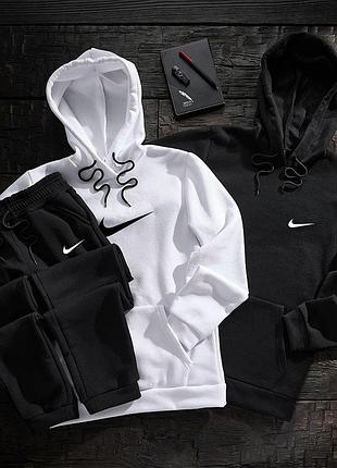 Мужской зимний спортивный костюм nike набор 3в1 худи + худи + штаны черно-белый с капюшоном (b)