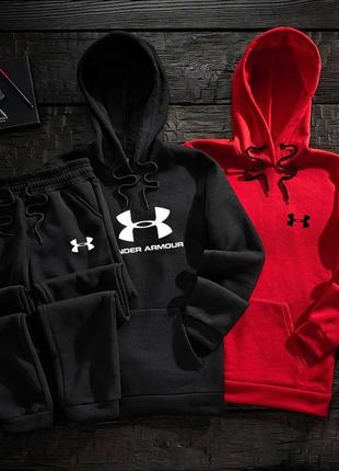 Чоловічий зимовий спортивний костюм under armour чорний з червоним набір худі + худі + штани андер армор (b)