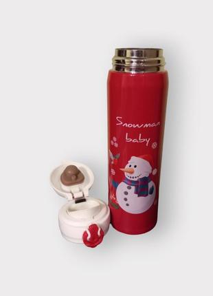 Різдвяний термос з поїльником сніговик малюк на 500 мл червоний3 фото