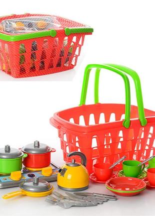 Іграшка набір посуду галинка 10 технок 1172 у кошику дитячий кухонний ігровий каструлі сковорода чайник