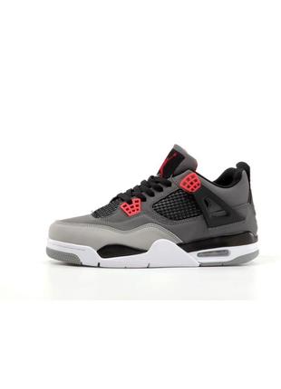Чоловічі кросівки nike air jordan 4 whiteblack gret black red сірого з чорним та червоним кольорів