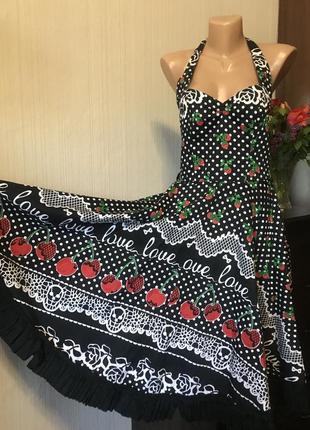 Чёрное платье миди в горох и фруктовый принт юбка солнце и оборкой под zara коттон