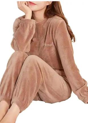 Тепла жіноча піжама з довгим рукавом, домашній костюм плюшевий бежевий