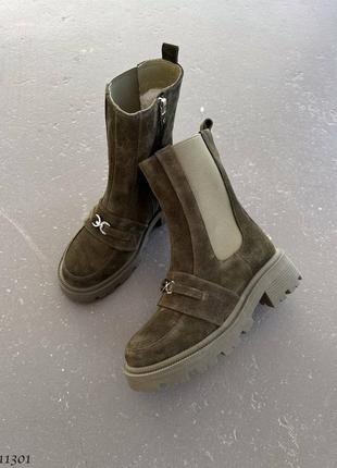 Зеленые хаки натуральные замшевые зимние ботинки челси с резинкой на резинке толстой подошве зима замш с ремешком9 фото