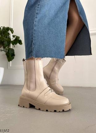 Бежевые натуральные кожаные зимние ботинки челси с резинкой на резинке толстой подошве с пряжкой ремешком кожа беж зима9 фото