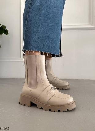 Бежевые натуральные кожаные зимние ботинки челси с резинкой на резинке толстой подошве с пряжкой ремешком кожа беж зима8 фото