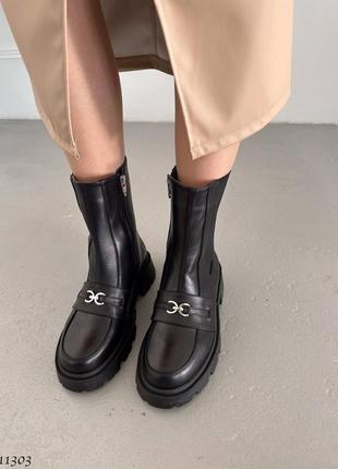 Черные натуральные кожаные зимние ботинки челси с резинкой на резинке толстой подошве зима кожа с пряжкой2 фото