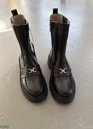 Черные натуральные кожаные зимние ботинки челси с резинкой на резинке толстой подошве зима кожа с пряжкой5 фото