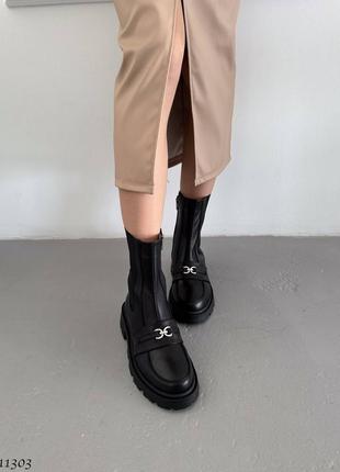 Черные натуральные кожаные зимние ботинки челси с резинкой на резинке толстой подошве зима кожа с пряжкой7 фото