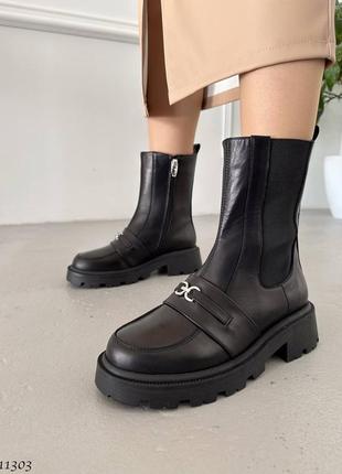 Черные натуральные кожаные зимние ботинки челси с резинкой на резинке толстой подошве зима кожа с пряжкой4 фото