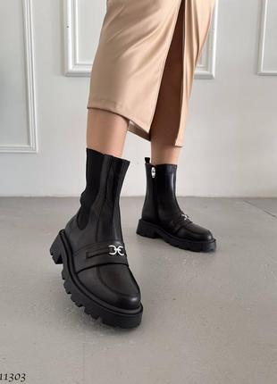 Черные натуральные кожаные зимние ботинки челси с резинкой на резинке толстой подошве зима кожа с пряжкой8 фото