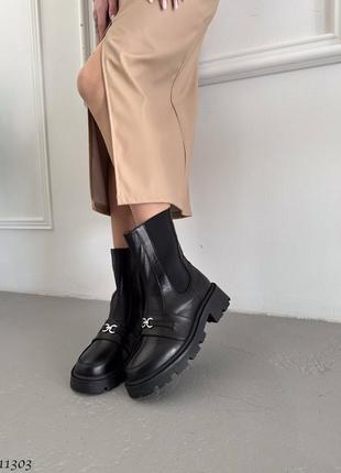 Черные натуральные кожаные зимние ботинки челси с резинкой на резинке толстой подошве зима кожа с пряжкой10 фото