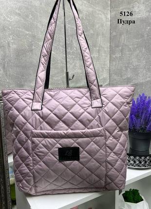 Женская большая сумка из плащевки с ручками на плечо стеганая сумка черная синяя розовая7 фото