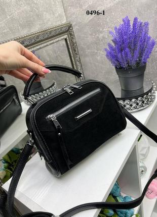 Черная стильная качественная трендовая сумочка кроссбоди натуральная замша экокожа1 фото