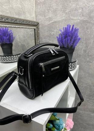 Черная стильная качественная трендовая сумочка кроссбоди натуральная замша экокожа4 фото