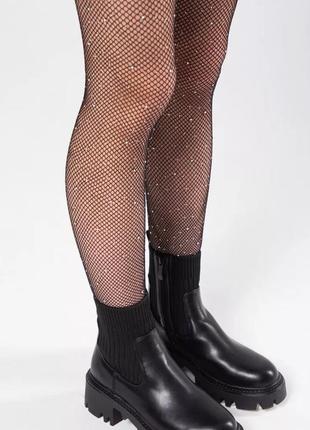 Колготки женские черные колготки в сеточку со стразами