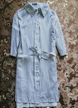Короткое платье рубашка платье рубашка туника с поясом голубое в белую полоску новое катон акция1 фото