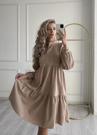 Платье миди спереди планочка воротник стойка рукав длинный на манжете юбка двойной волан ткань микровельвет