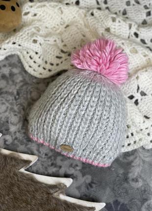 Зимова тепла шапка lex сіра вʼязана подвійна на флісі з рожевим помпоном4 фото