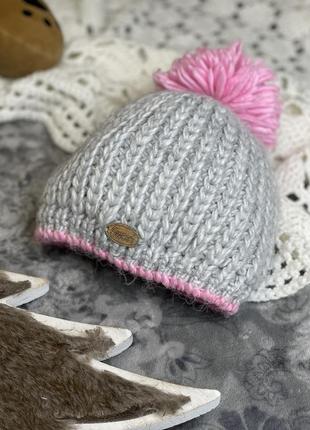 Зимняя теплая шапка lex серая вязаная двойная на флисе с розовым помпоном