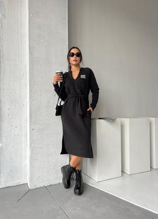 Сукня міді тепла на флісі з кишенями з поясом якісна стильна трендова чорна