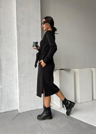 Платье миди тепло на флисе с карманами с поясом качественная стильная трендовая черная8 фото