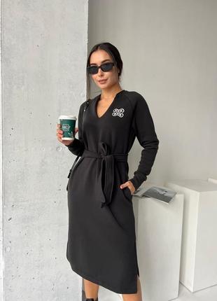 Платье миди тепло на флисе с карманами с поясом качественная стильная трендовая черная6 фото